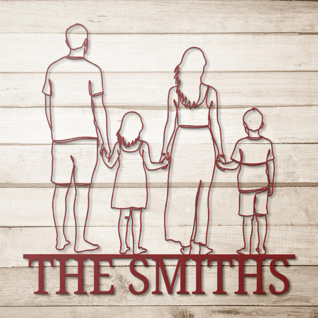 Custom Family Metal Sign – Personalized Line Art Silhouette with Last Name Banner