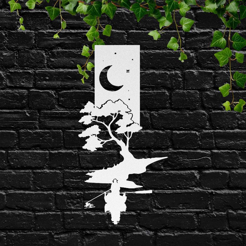 Fisherman Metal Wall Art, Lake Boat Night Decor, Moonlit Fishing Sign, Cabin Gift for Men