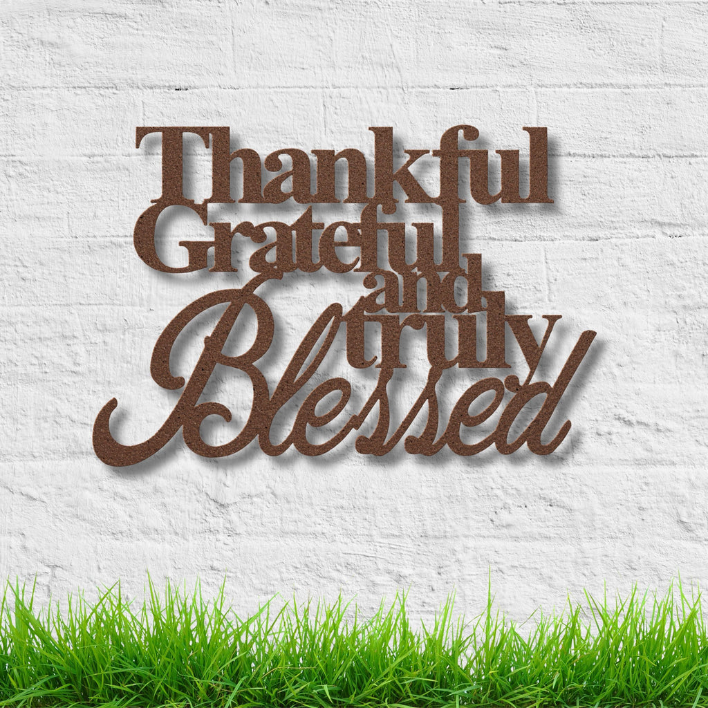 Thankful Grateful Blessed Metal Wall Art Sign, Inspirational Quote Decor, Modern Farmhouse Typography, Living Room Entryway Gift