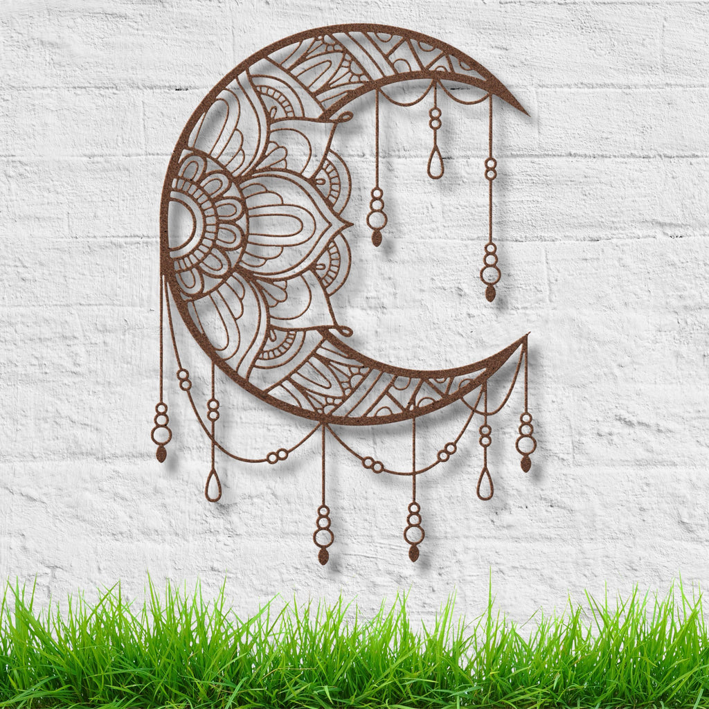 Mandala Crescent Moon Black Metal Cutout - Intricate Mandala Design Boho Wall Art