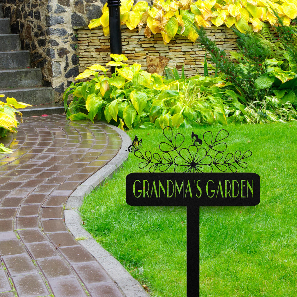 Custom Metal Garden Sign: Flower, Butterfly, Personalized Name