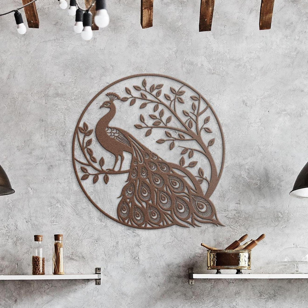Peacock Metal Wall Art, Die Cut Bird on Tree Silhouette