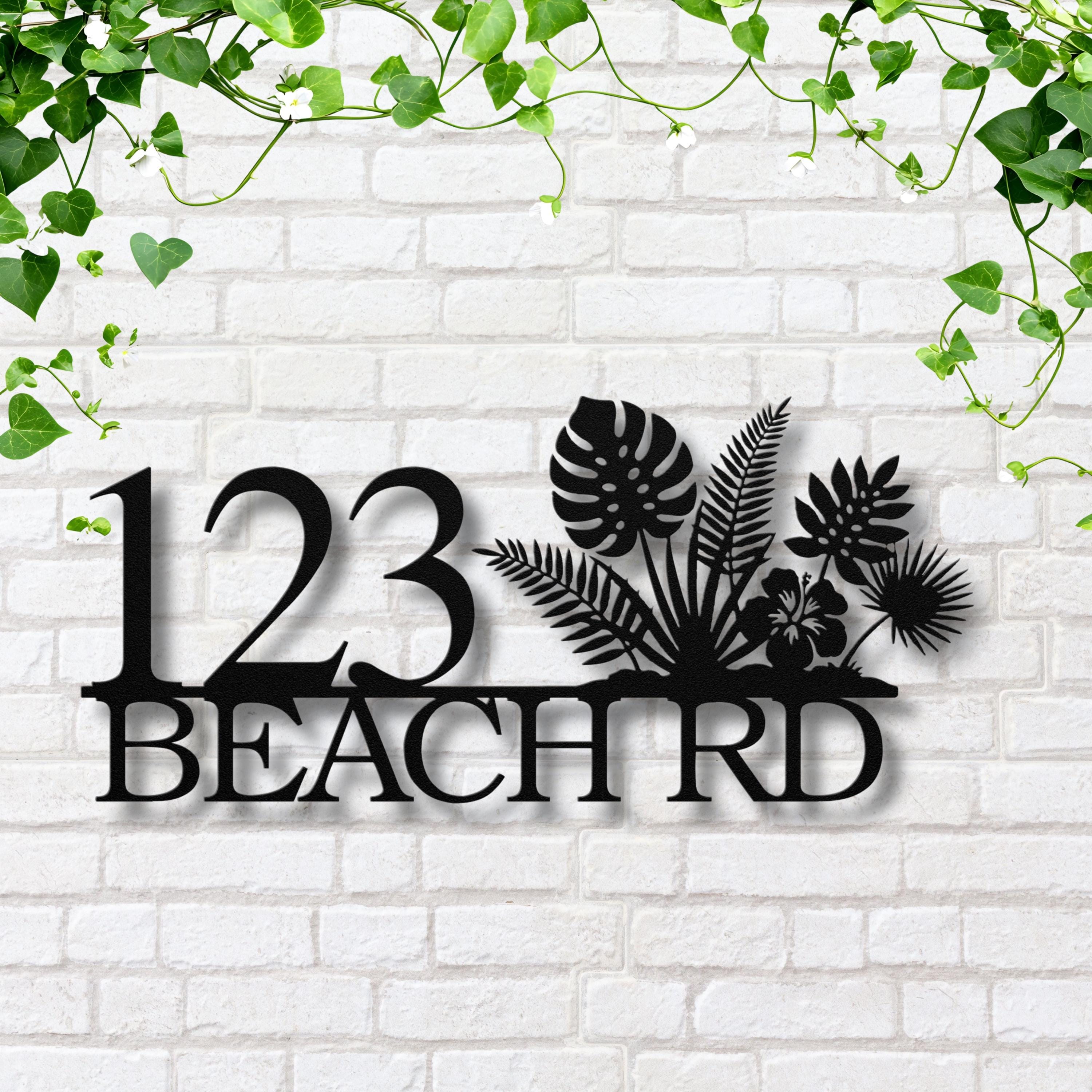 Personalized Beach House Number Sign, Tropical Metal Address Plaque, Palm Leaf Hibiscus Decor, Coastal Home Gift