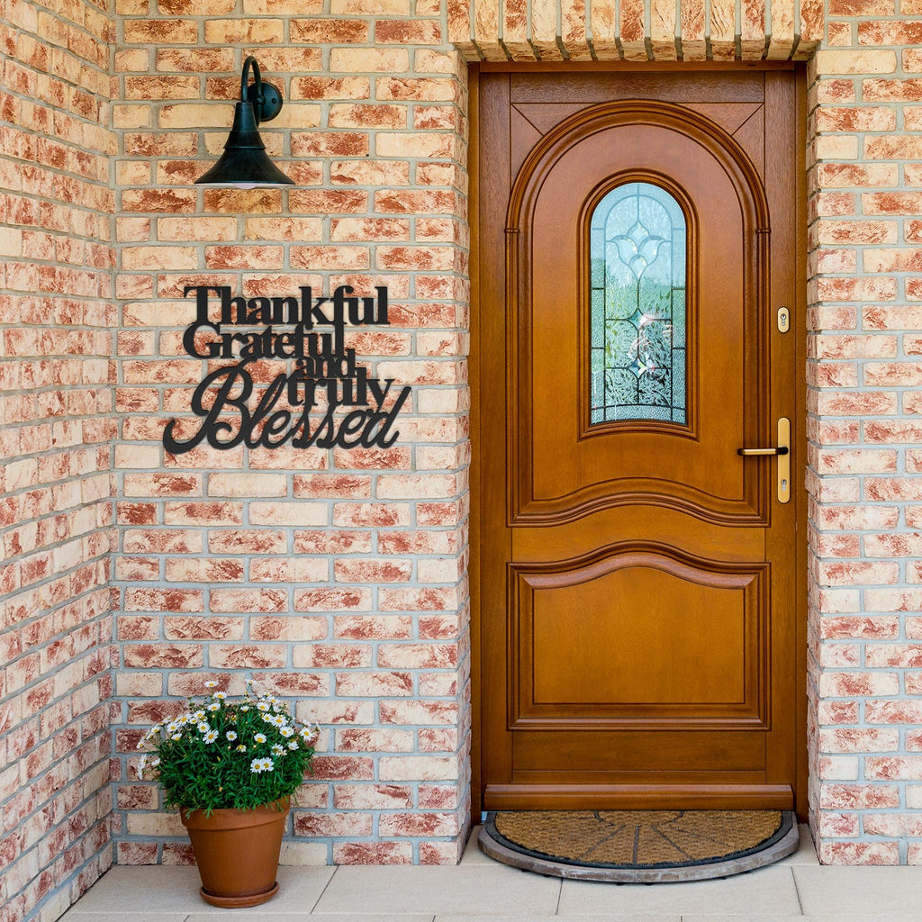 Thankful Grateful Blessed Metal Wall Art Sign, Inspirational Quote Decor, Modern Farmhouse Typography, Living Room Entryway Gift