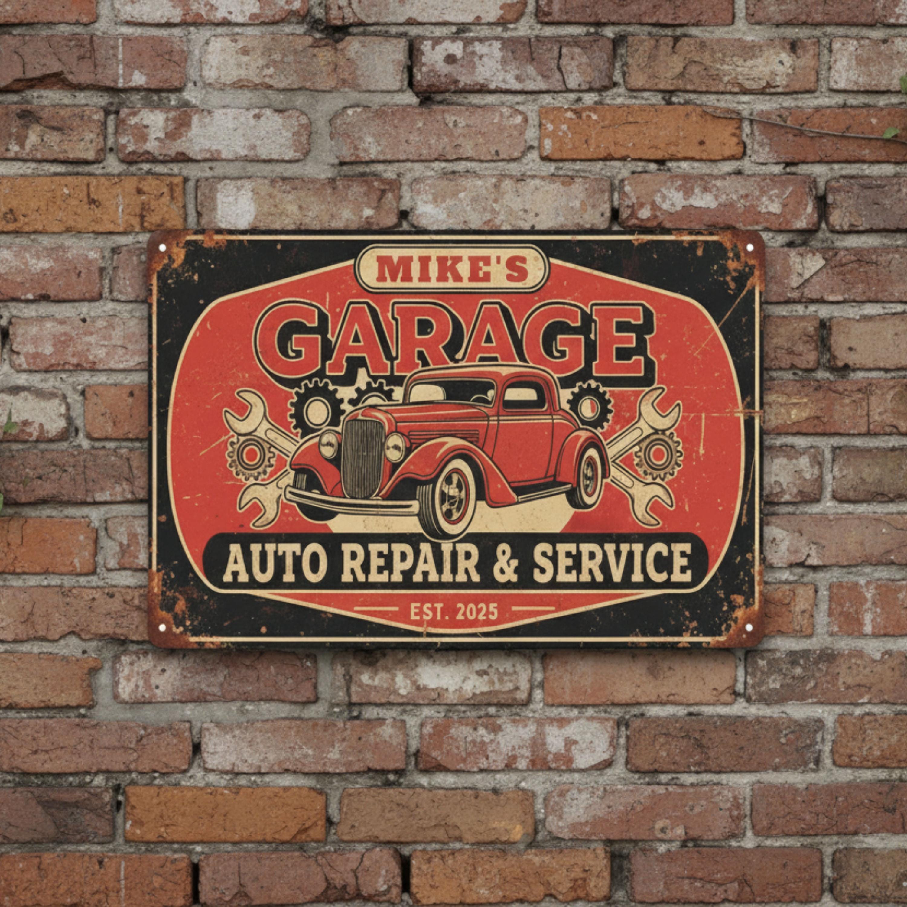 Personalized Garage Sign, Custom Auto Repair Metal Plaque, Vintage Hot Rod Art, Est. Date Man Cave Decor, Retro Mechanic Workshop Gift