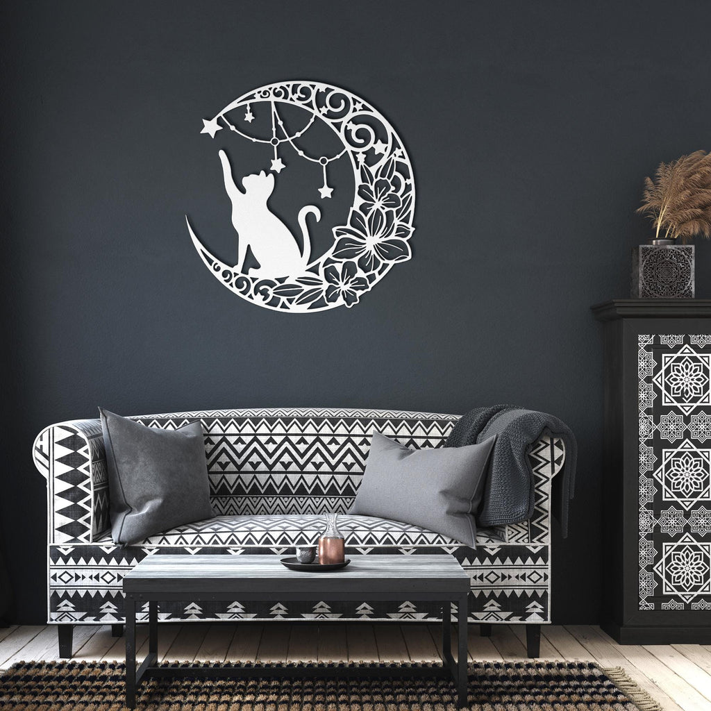 Black Cat Wall Art - Celestial Metal Decor | Crescent Moon Sign With Flower Star Design
