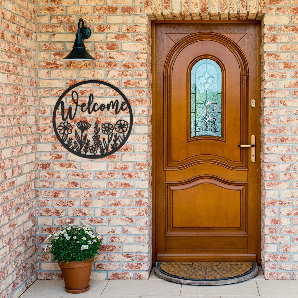 Floral Welcome Metal Sign, Round Door Hanger, Housewarming Gift