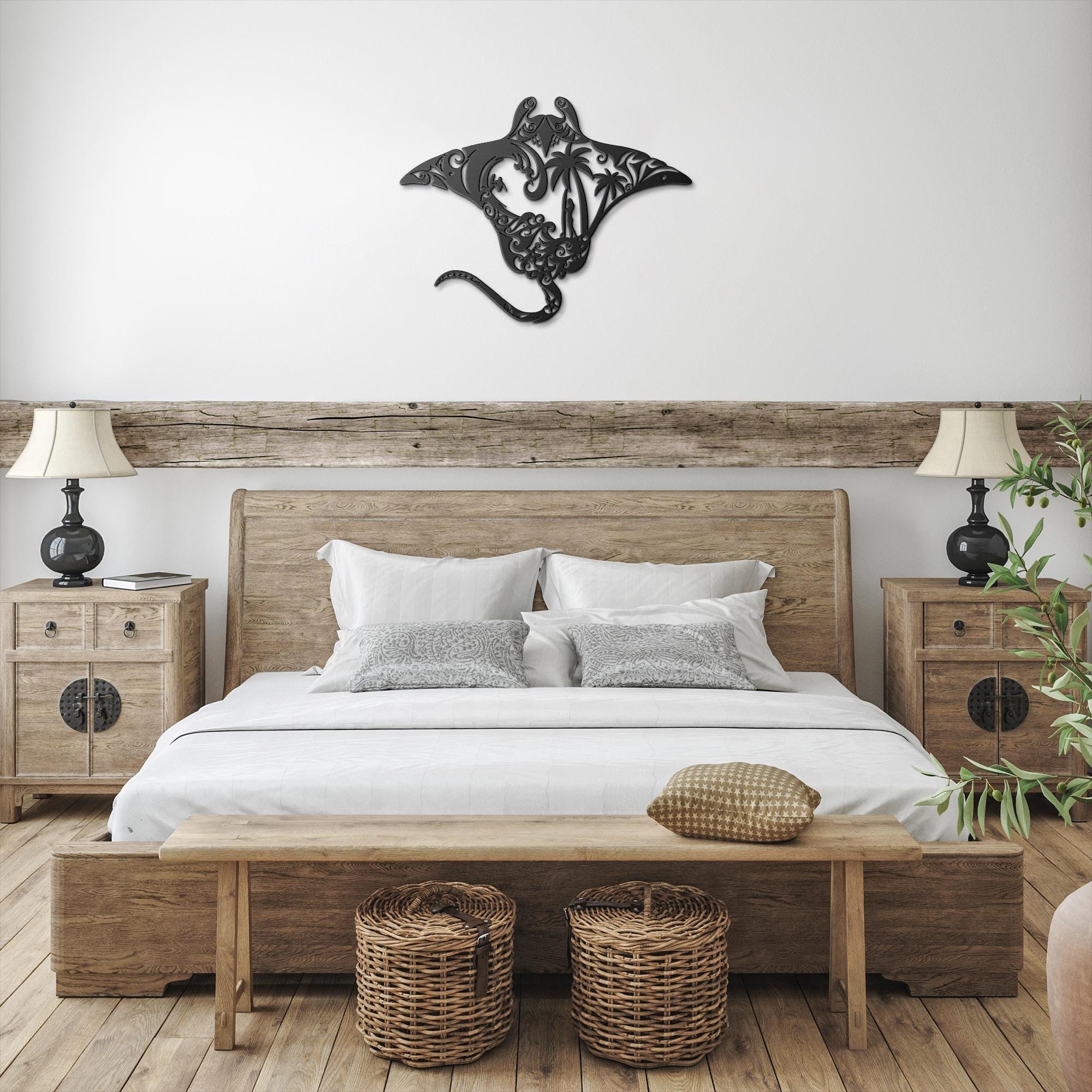 Manta Ray Tribal Metal Wall Art, Surf Beach Scene Sign, Coastal Island Home Decor