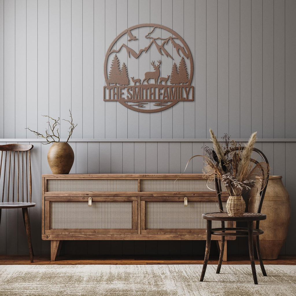 Personalized Family Name Metal Art, Mountain Deer Cabin Decor