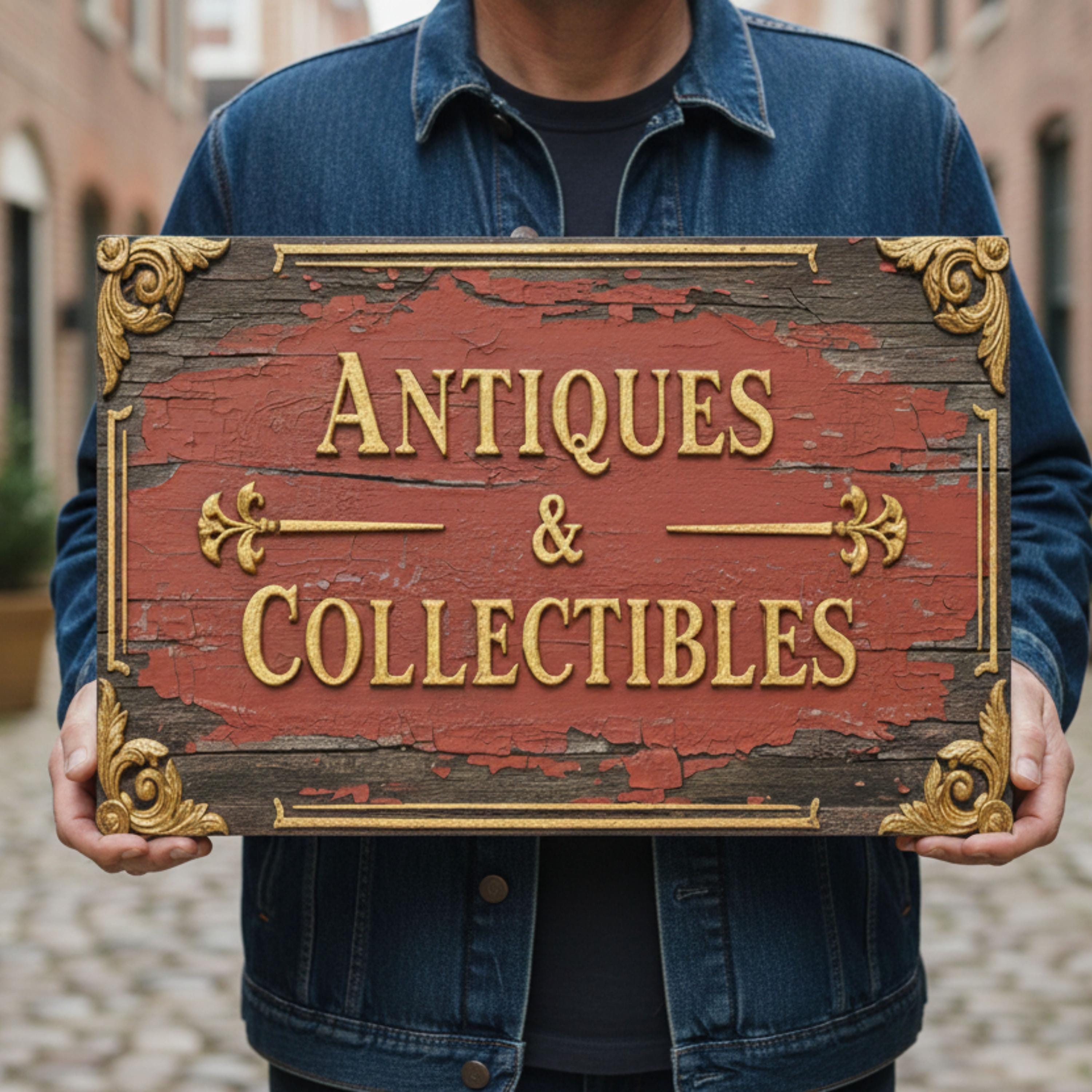 Antiques and Collectibles Metal Sign, Rustic Red Shop Plaque, Vintage Junk Store Decor, Gold Scrollwork Wall Art, Flea Market