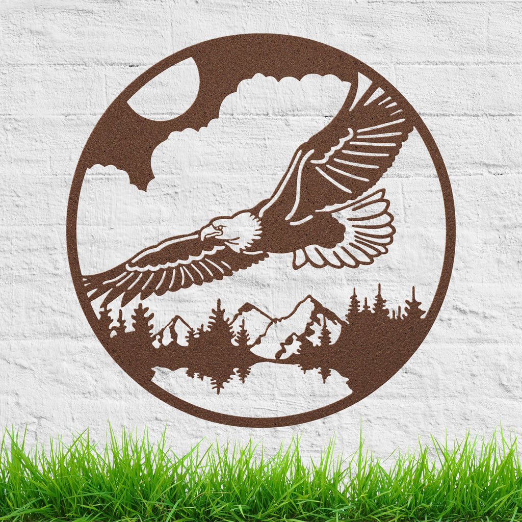 Bald Eagle Metal Wall Art, Mountain Landscape Sign, Patriotic Outdoor Cabin Decor