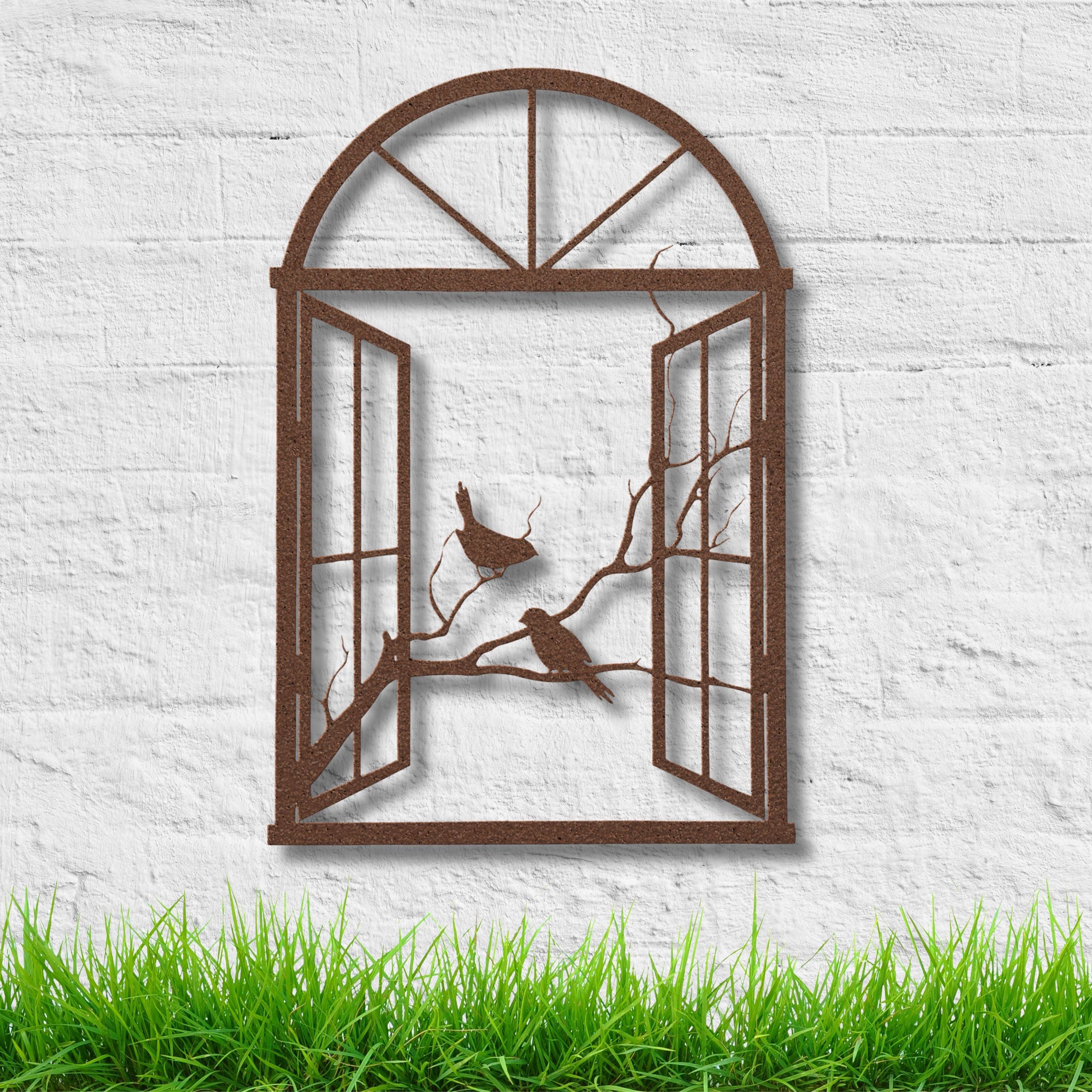 Open Window Birds on Branch Metal Wall Art, Rustic Farmhouse Silhouette Sign, Arch Window Die Cut Decor, Nature Lover Housewarming