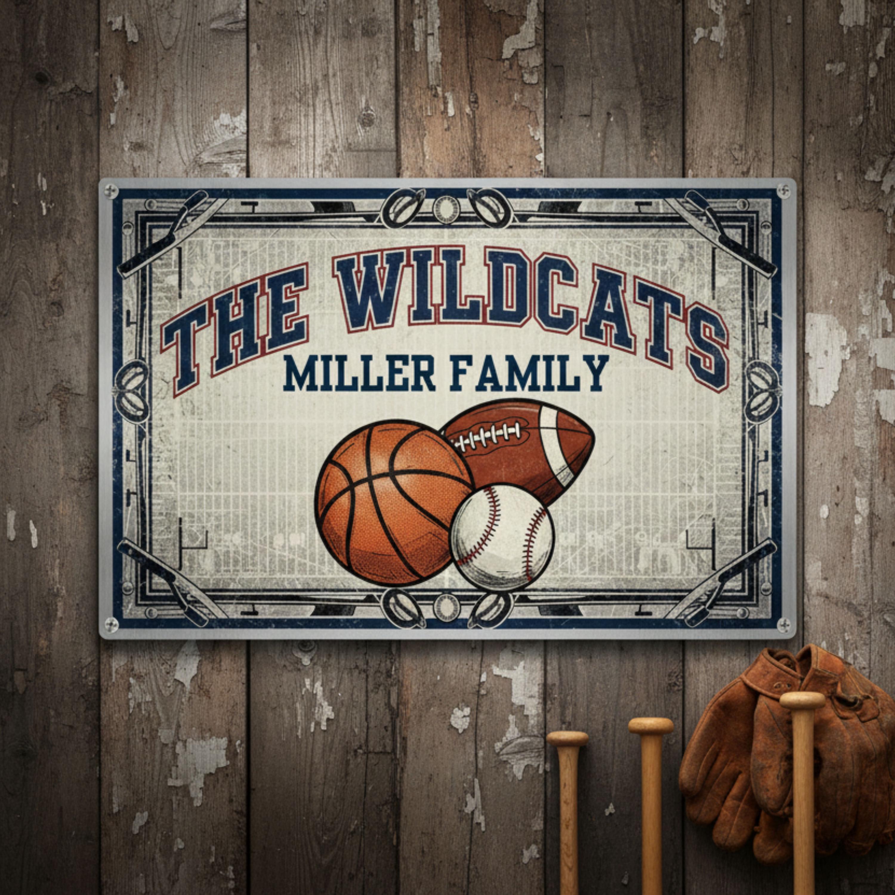 Custom Family Sports Sign - The Wildcats Metal Wall Art - Basketball Football Baseball Balls