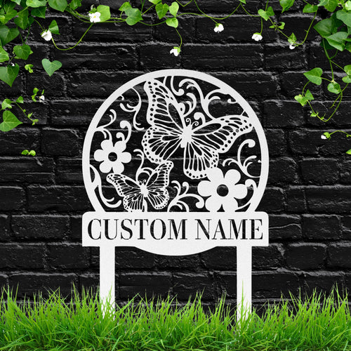 Butterfly & Flower Metal Garden Stake, Personalized Die-Cut Custom Name Sign, Monogrammed Nature Art, Memorial or Garden Decor
