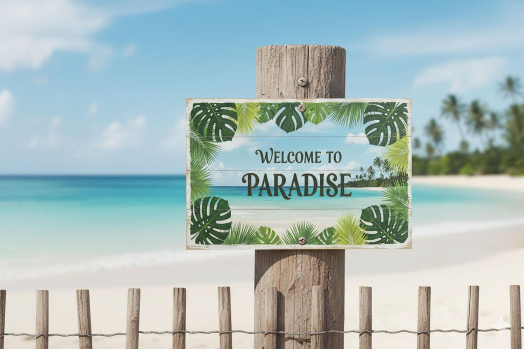 Welcome To Paradise Sign – Coastal Metal Beach House Decor With Tropical Palm Leaf Art