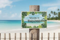 Welcome To Paradise Sign – Coastal Metal Beach House Decor With Tropical Palm Leaf Art