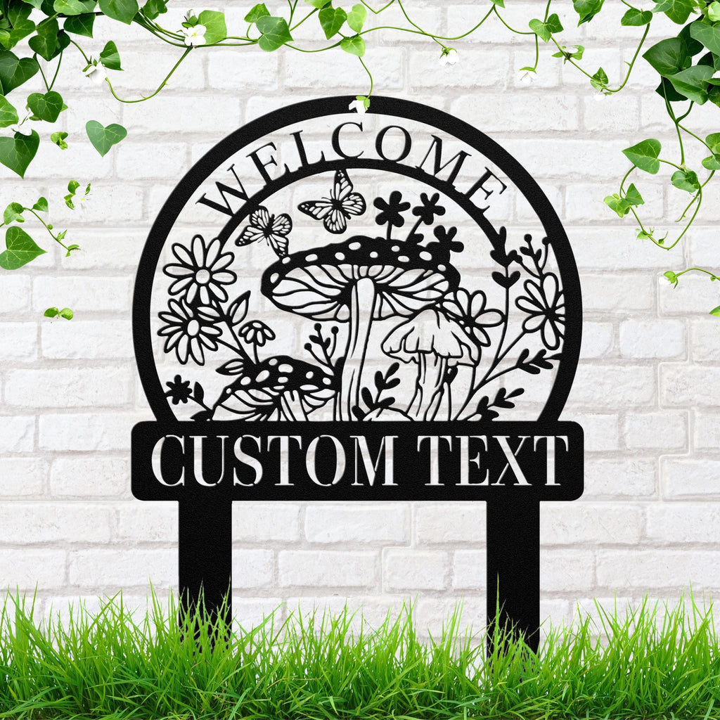 Personalized Welcome Mushroom Metal Sign, Butterfly Garden Stake, Custom Outdoor Gift
