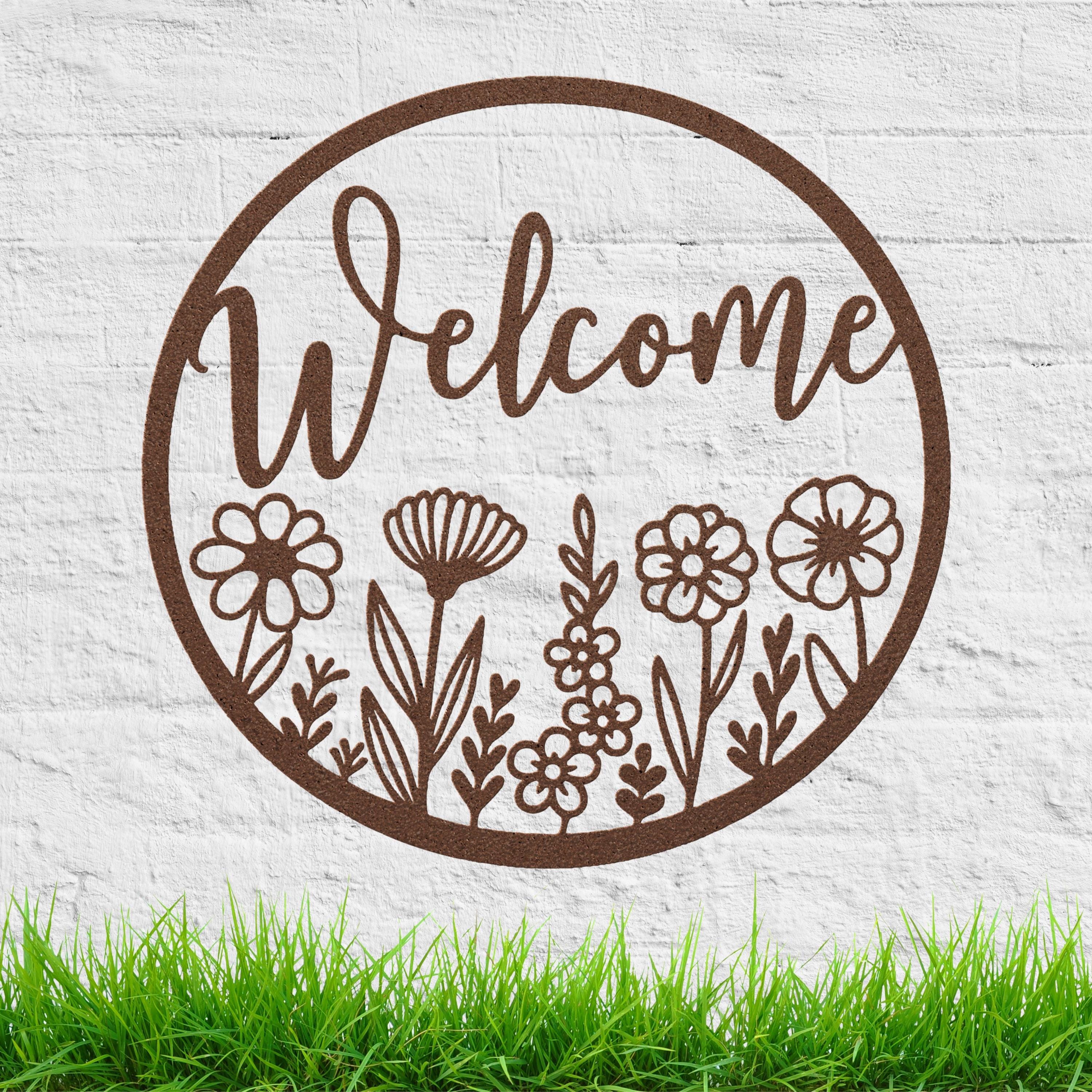 Floral Welcome Metal Sign, Round Door Hanger, Housewarming Gift