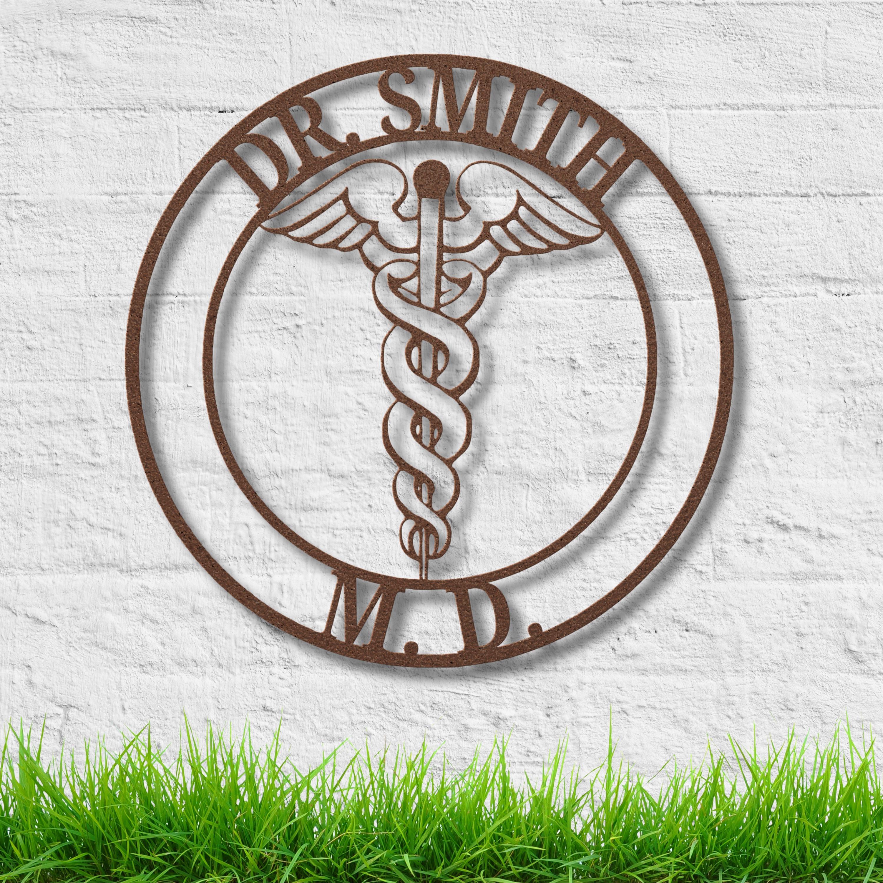 Personalized Metal Sign | Custom Doctor Sign with Steel Caduceus Emblem & Medical Office Decor