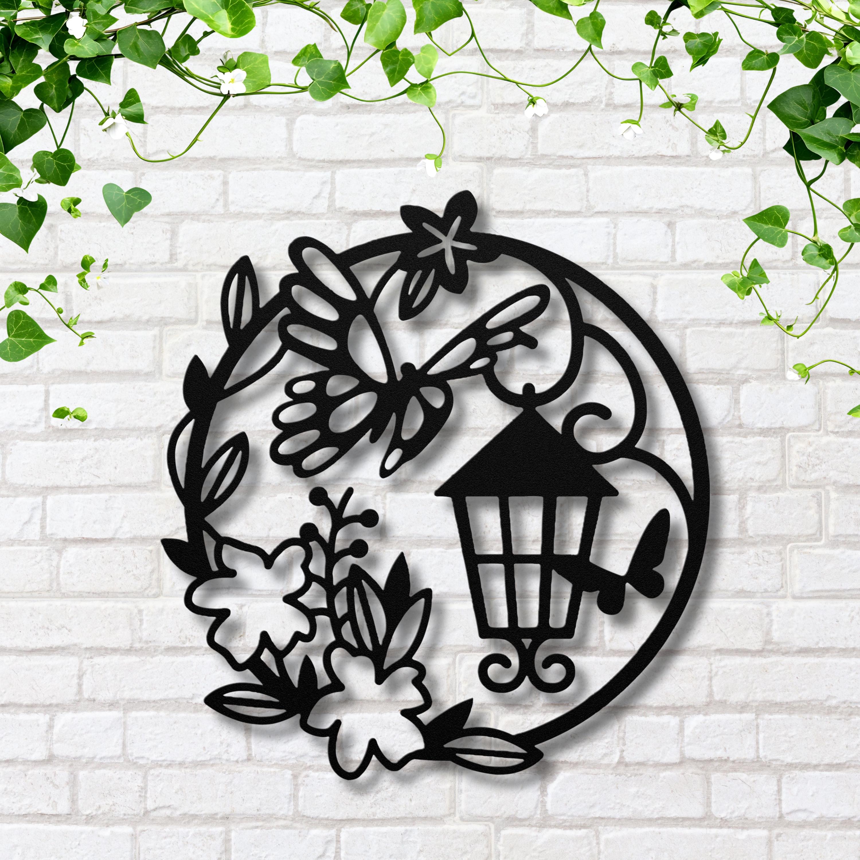 Lantern Butterfly Flower Metal Wall Art, Die-Cut Night Garden Sign, Black Circular Decor, Cottage Core Aesthetic Gift