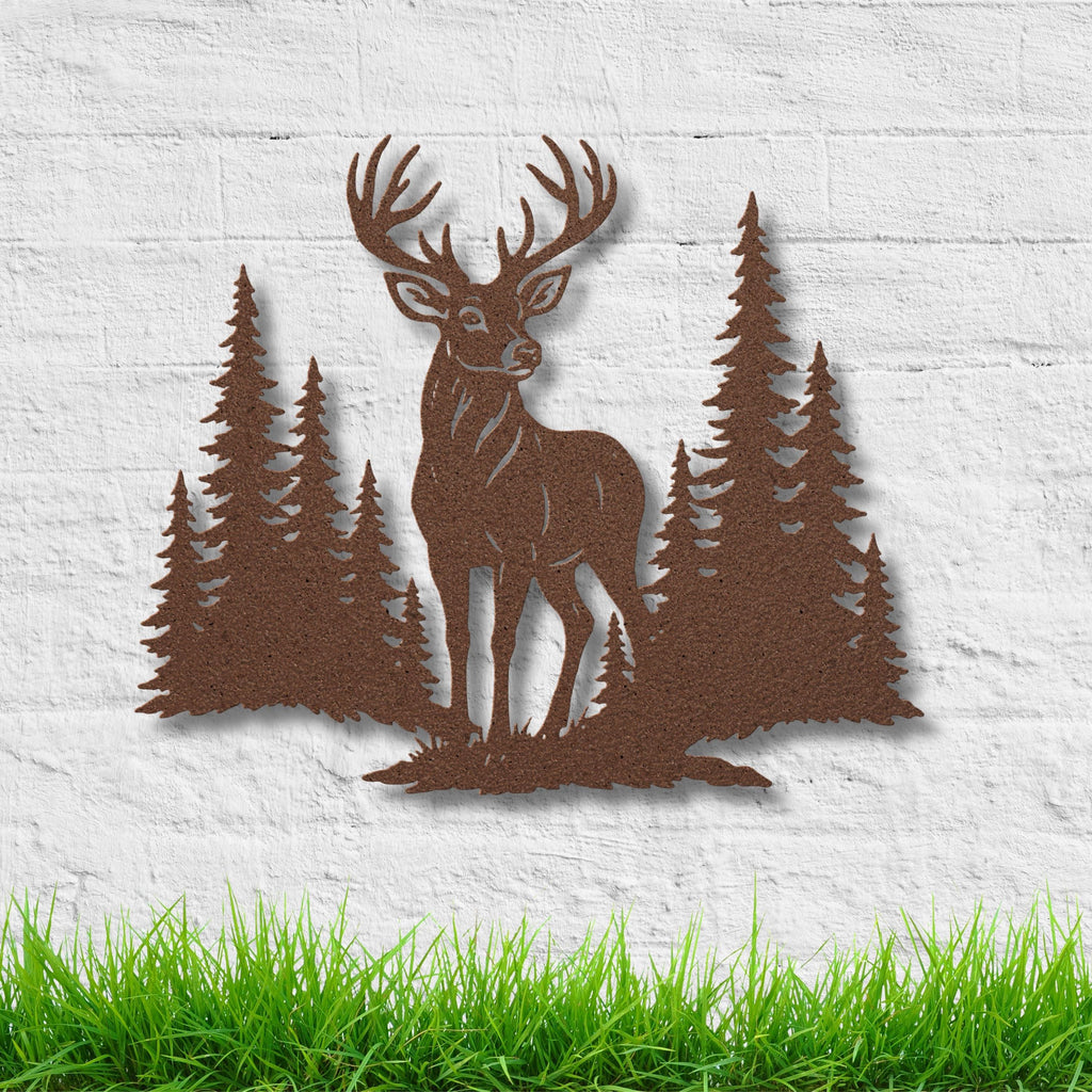 Majestic Buck Metal Wall Art, Deer in Forest Sign, Hunter Lodge Decor