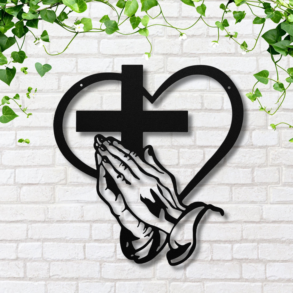 Praying Hands Metal Art – Religious Metal Sign | Christian Wall Decor & Heart Cross