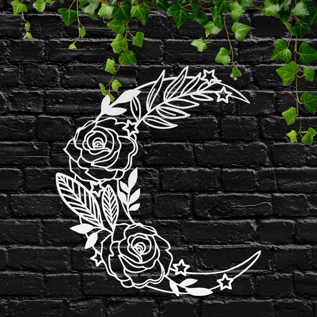 Floral Crescent Moon Metal Wall Art | Rose and Stars Witchy Decor | Boho Nursery Bedroom Sign