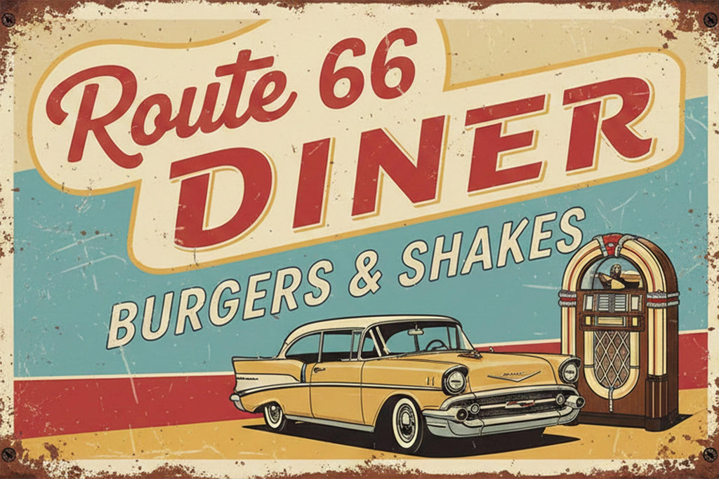 Route 66 Diner Metal Sign - Retro 1950s Wall Art