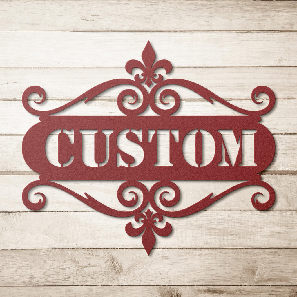 Personalized Custom Name Metal Sign | Ornate Fleur De Lis Monogram | Address Plaque Decor | Scroll Frame Housewarming Gift