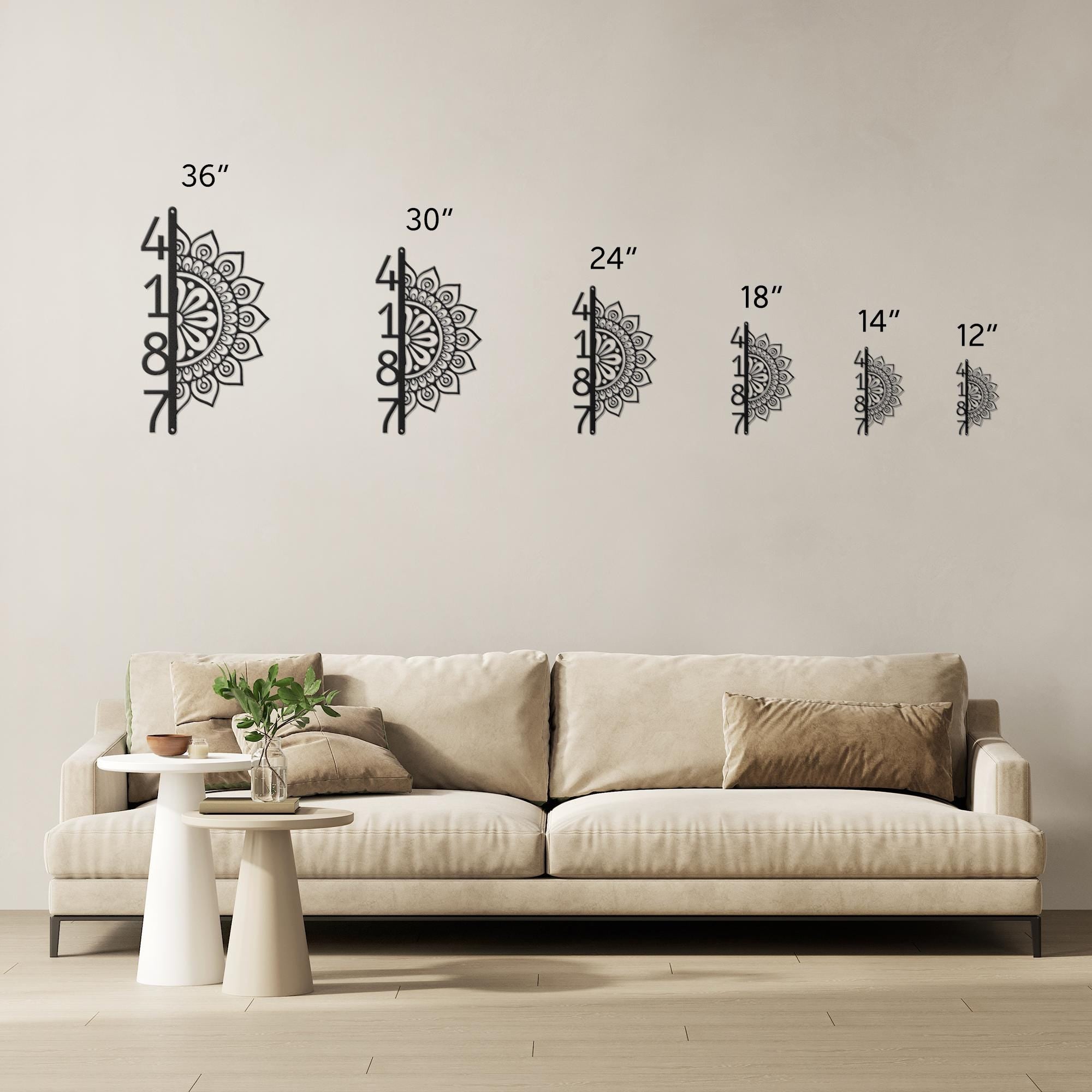 Vertical House Numbers Metal Sign, Half Mandala Address Plaque