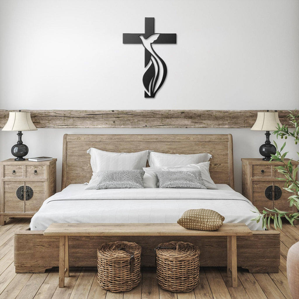 Cross Dove Metal Sign | Holy Spirit Christian Wall Art | Religious Symbol Silhouette | Baptism or Confirmation Gift