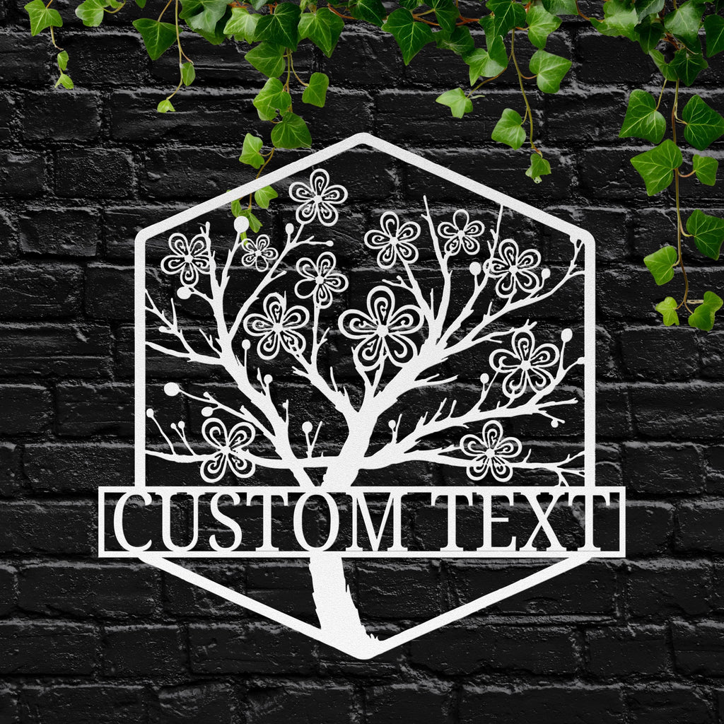 Personalized Cherry Blossom Sign, Metal Tree of Life Art, Custom Flower Decor, Hexagon Die Cut Wall Art, Unique Home Decor Gift