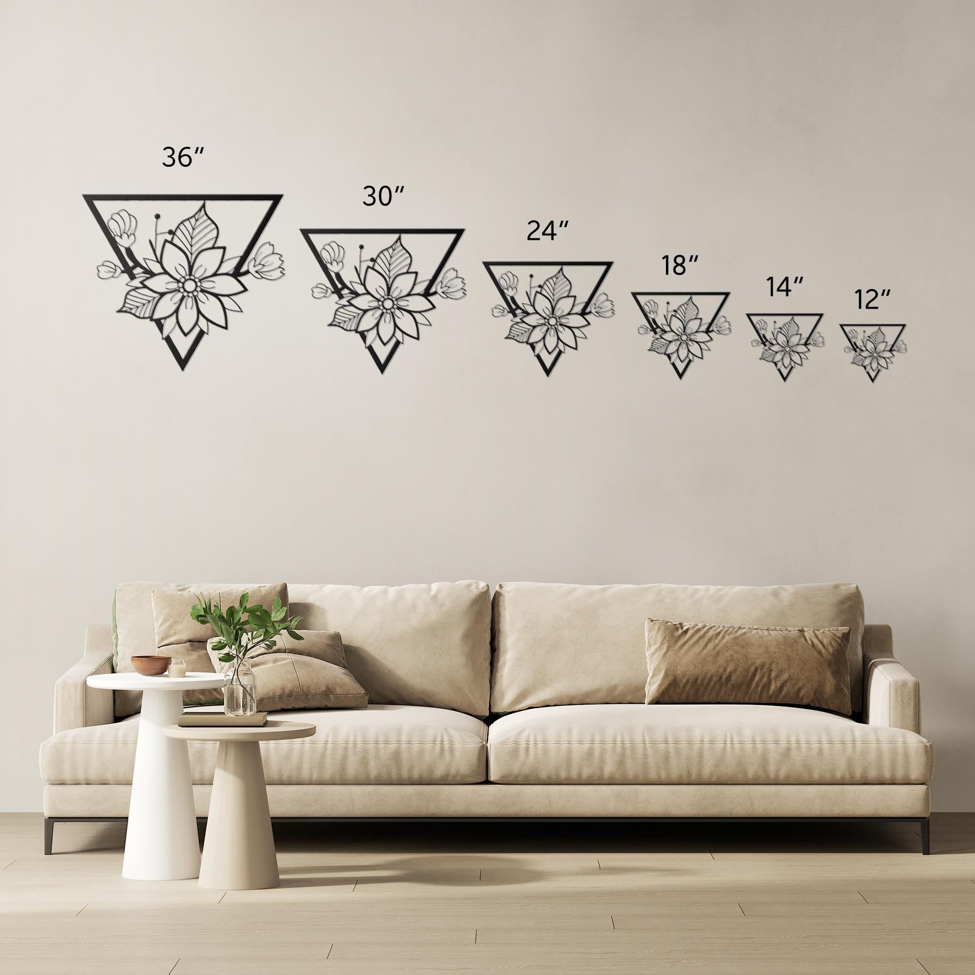 Geometric Floral Metal Wall Art, Flower Triangle Sign, Boho Bedroom Home Decor
