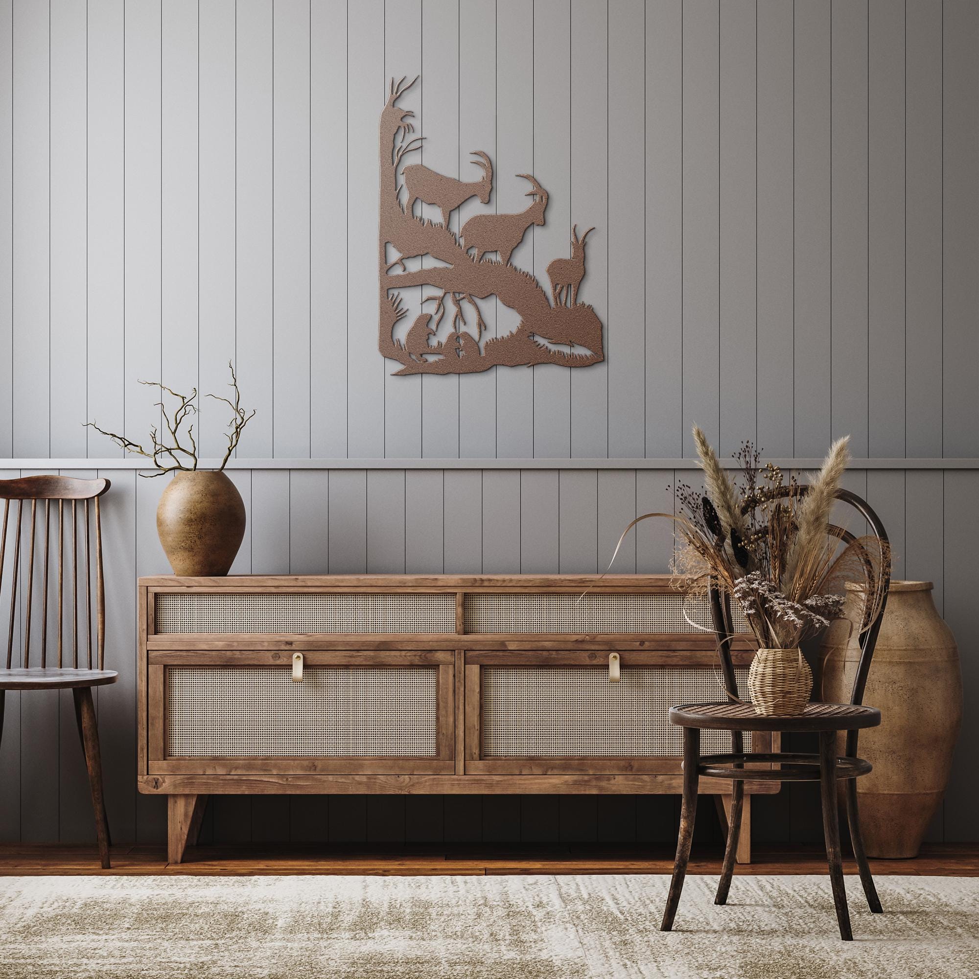 Ibex Mountain Metal Wall Art, Wildlife Silhouette Decor, Nature Cabin Sign, Rustic Forest Gift