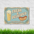 Fresh and Delicious Metal Sign, Hot Dog and Beer Wall Art, Retro Diner Decor