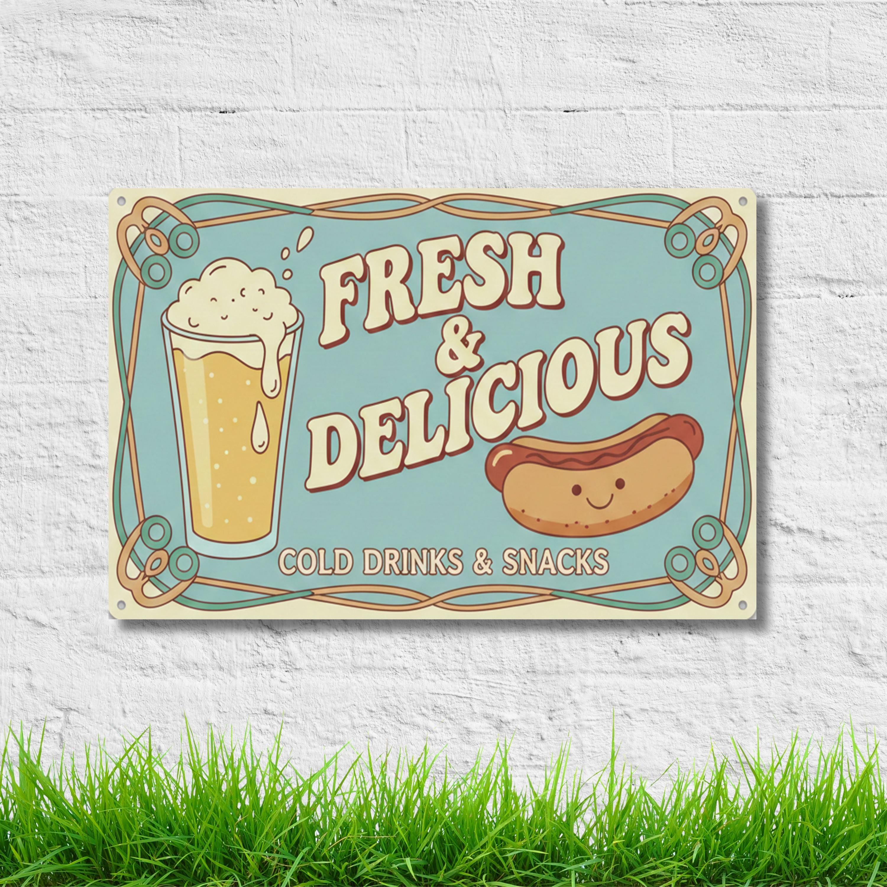 Fresh and Delicious Metal Sign, Hot Dog and Beer Wall Art, Retro Diner Decor