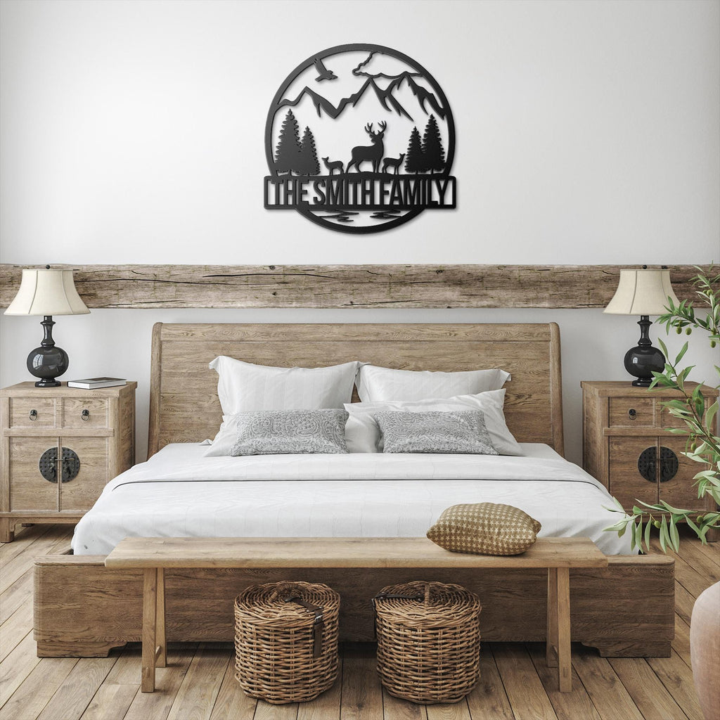 Personalized Family Name Metal Art, Mountain Deer Cabin Decor