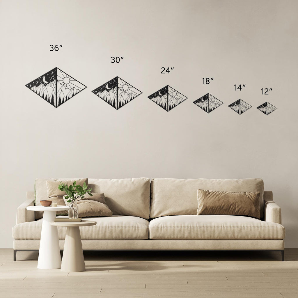 Mountain Metal Art – Sun Moon Geometric Wall Decor | Diamond Shape Cabin Sign