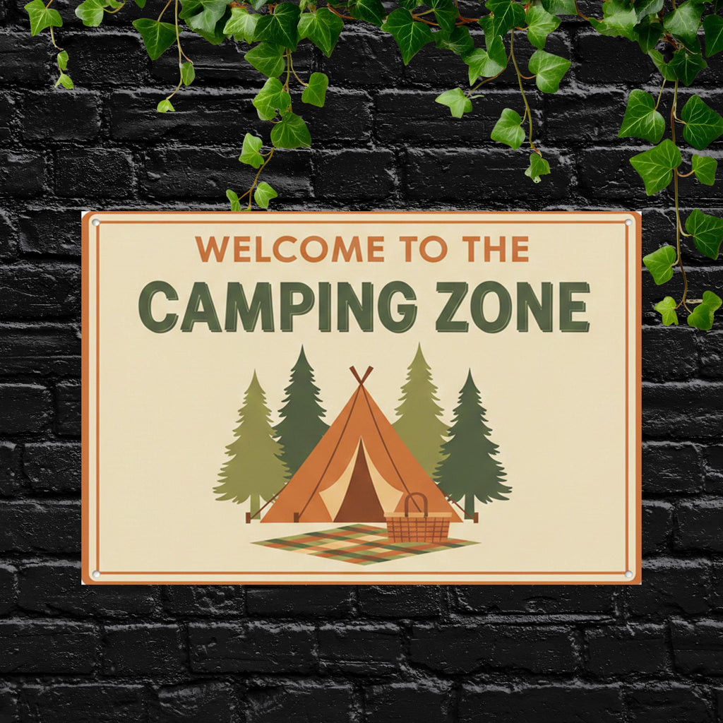 Welcome To The Camping Zone Metal Sign, Retro Camper Decor, Tent Life Wall Art, Cabin