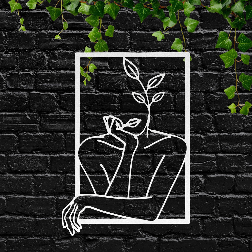 Abstract Woman Face Metal Wall Art, Minimalist Line Drawing, Botanical Plant Decor, Modern Feminine Art, Above Bed Art Gift