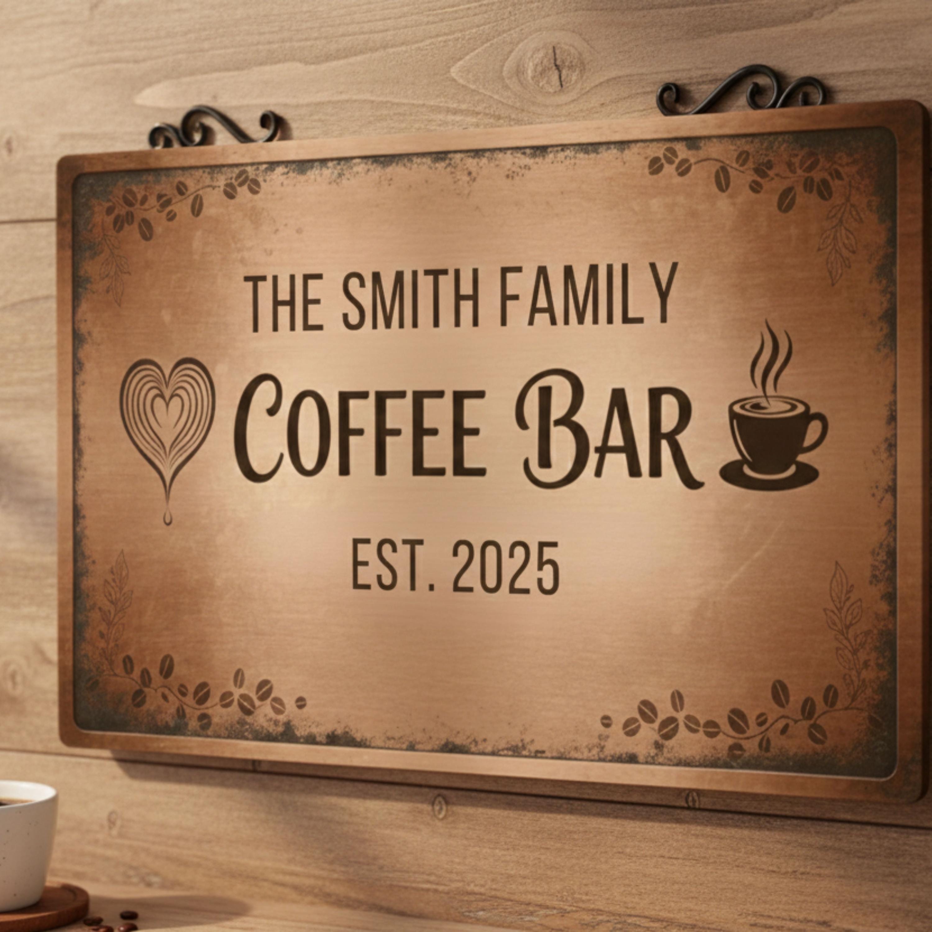 Custom Family Coffee Bar Metal Sign | Personalized Kitchen Cafe Decor | Rustic Est. 2025 Plaque | Hot Beverage Nook Gift