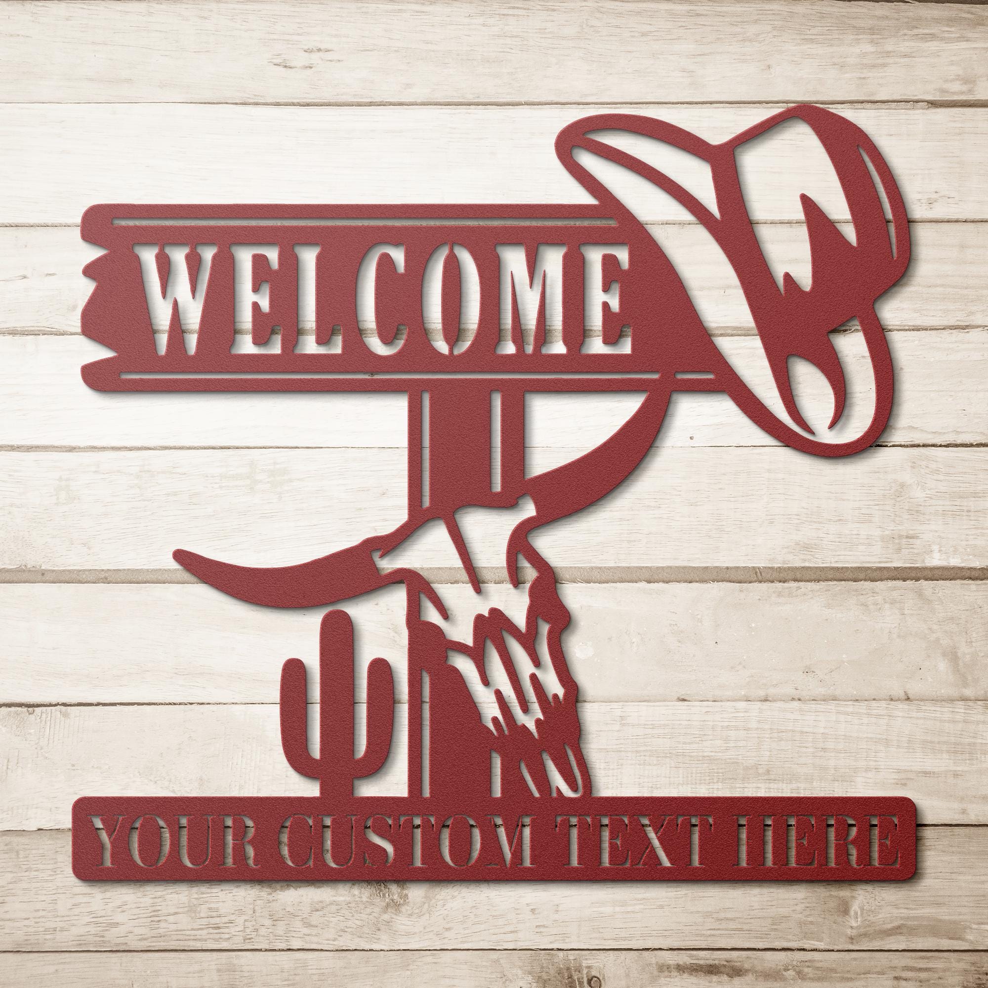 Personalized Welcome Sign, Cowboy Hat & Skull Decor, Rustic Metal Welcome Art, Custom Western Ranch Gift, Die Cut Desert Decor