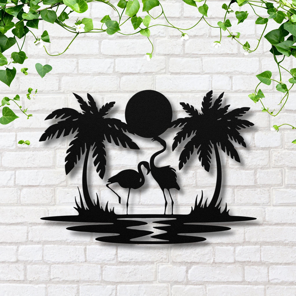 Flamingo Tropical Metal Wall Art, Palm Tree Beach Sign, Summer Island Home Decor