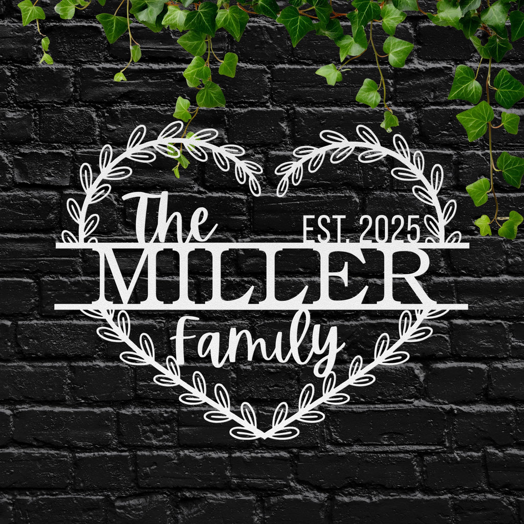 Custom Family Last Name Monogram Sign: Heart Wreath Metal Wall Art, Housewarming Gift