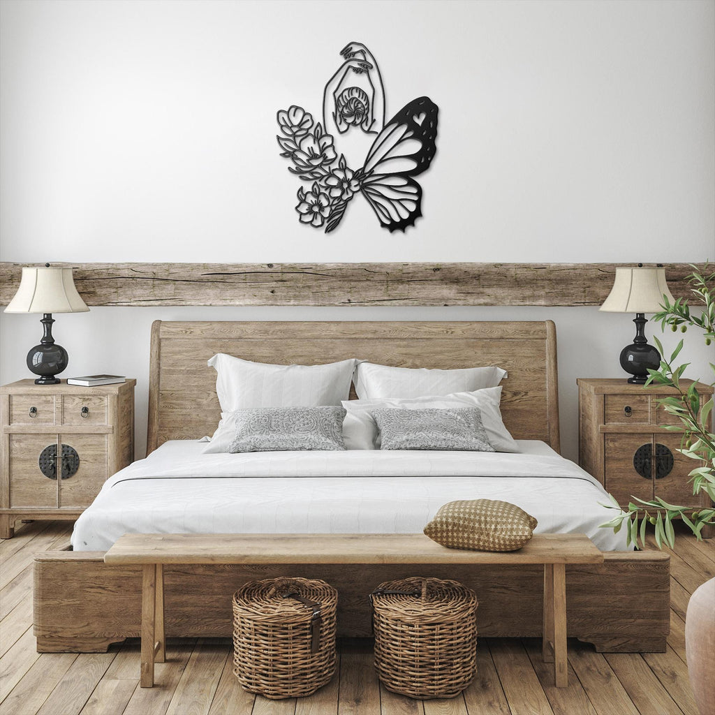 Butterfly Woman Metal Wall Art, Feminine Line Art, Floral Decor