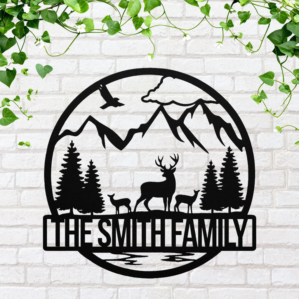 Personalized Family Name Metal Art, Mountain Deer Cabin Decor