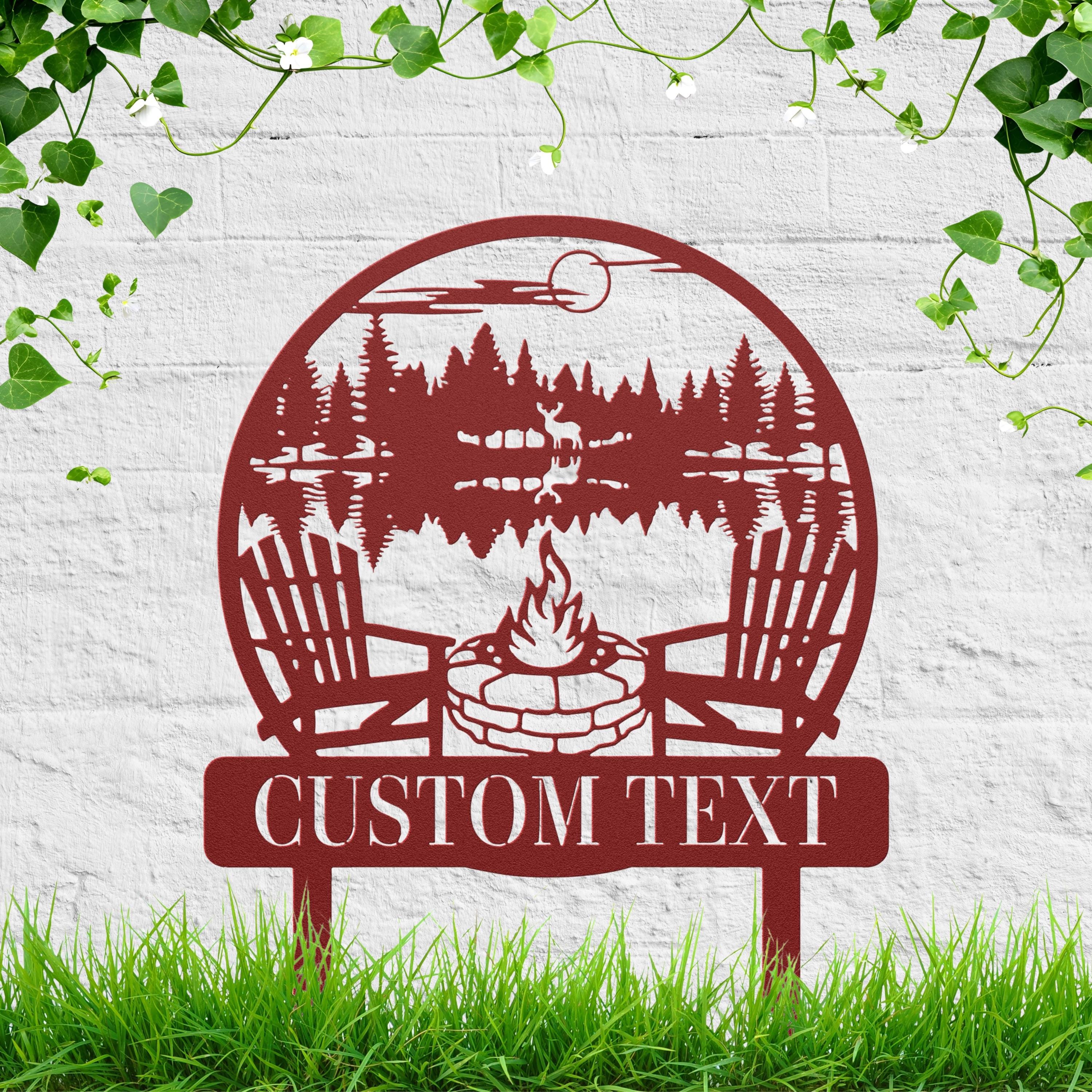 Rustic Campfire Metal Sign – Custom Text Metal Garden Sign with Deer and Cabin Scenery