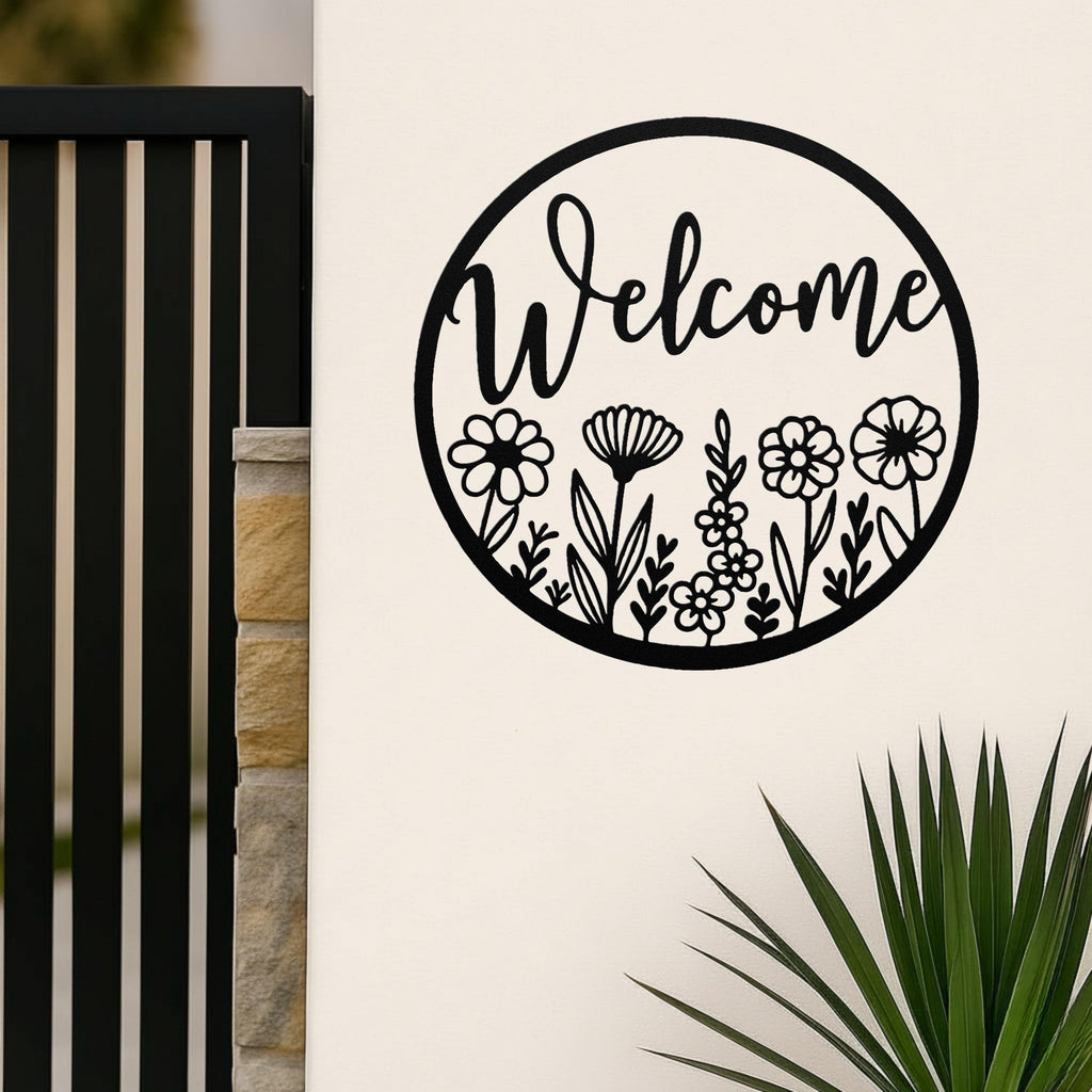 Floral Welcome Metal Sign, Round Door Hanger, Housewarming Gift