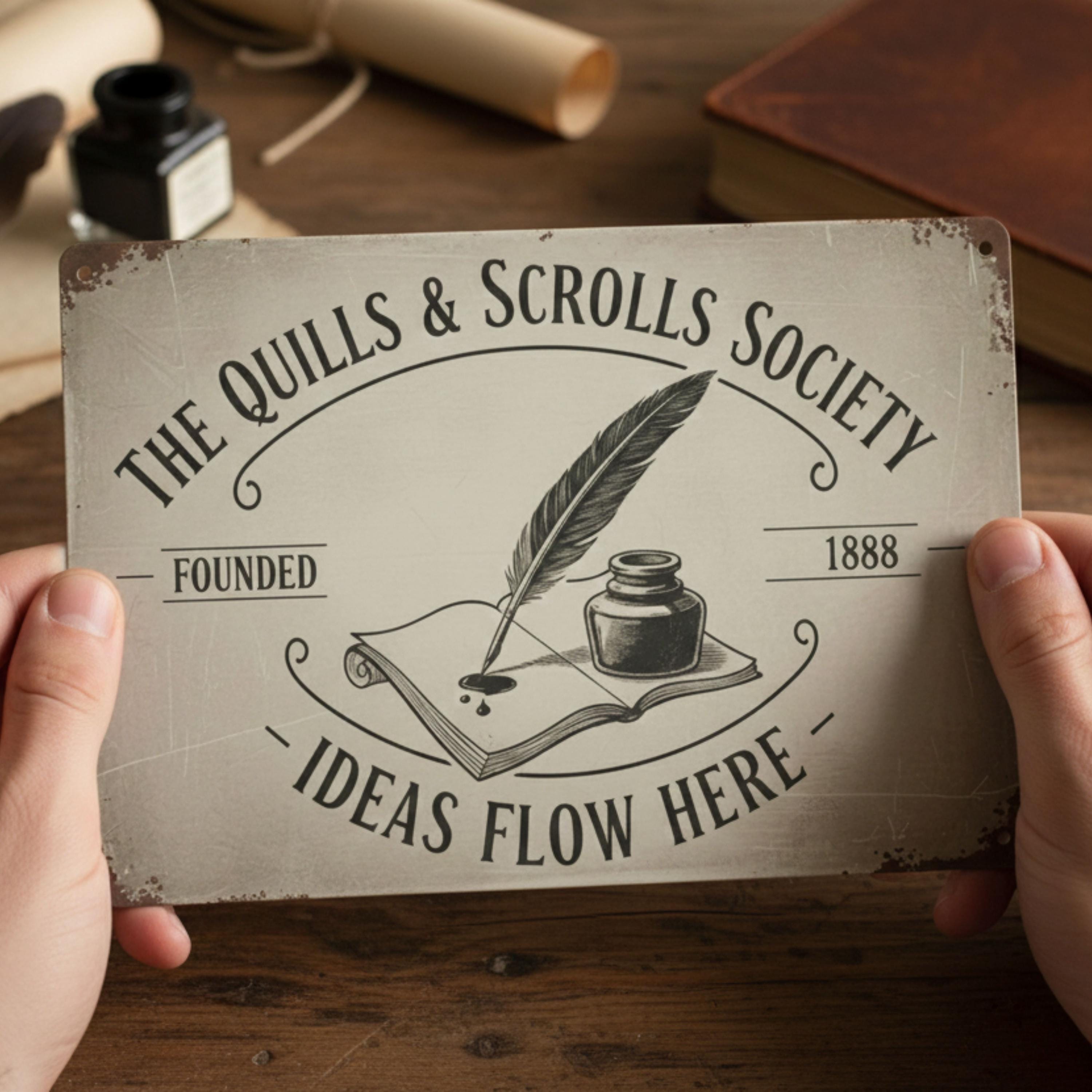 Custom Writer Metal Sign, Quills and Scrolls Society Wall Art, Personalized Author Gift