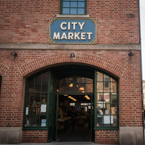 City Market Metal Sign, Vintage Farmers Market Wall Art, Retro Grocery Store Signage, Blue and Gold Decor, Town Square Plaque